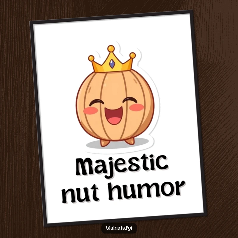 Funny poster featuring a laughing walnut character wearing a tiny crown, perfect for adding a touch of regal whimsy.