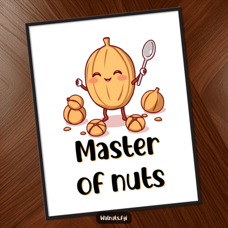 Funny walnut juggler poster showing a smiling walnut juggling a smaller walnut and a spoon, ideal for adding humorous eccentricity to wall decor.
