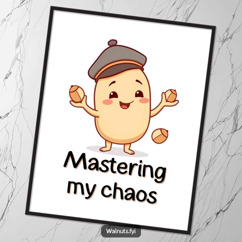 Funny smiling beige cashew character with a jaunty cap, juggling three smaller nuts, showcasing impressive playful skill.