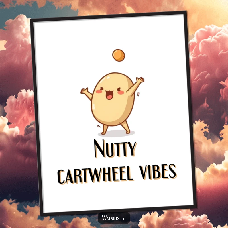 Funny poster of a silly Brazil nut doing a cartwheel, a crumb dislodging, embodying energetic fun.