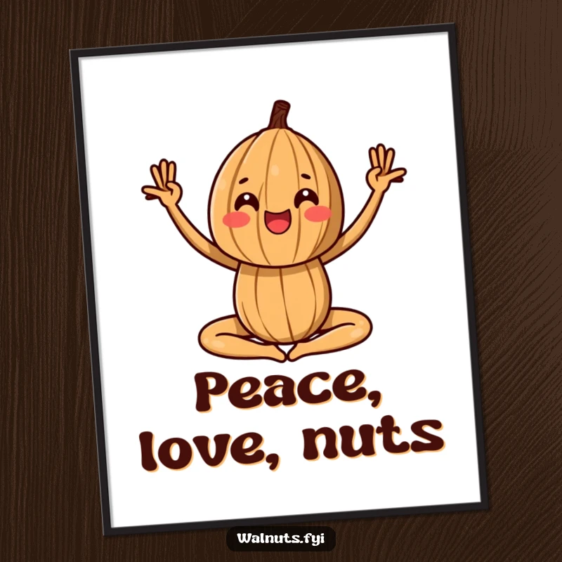 Funny poster of a walnut in a yoga pose, bringing balance and humorous inspiration to any room.