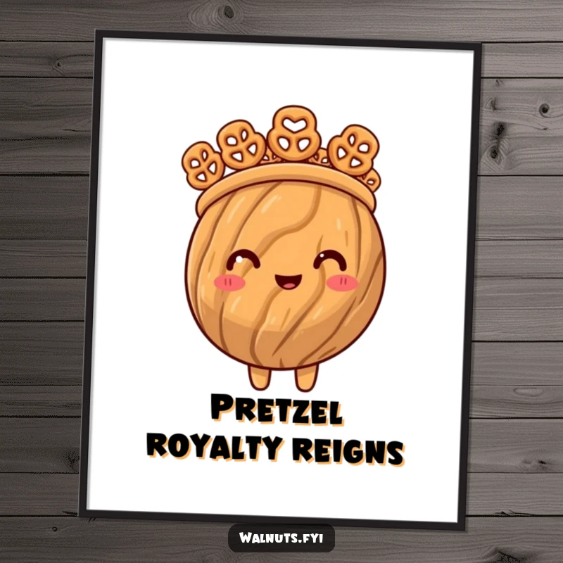 Funny poster art of a proud walnut sporting a crown made entirely of miniature pretzel bites, looking quite pleased.