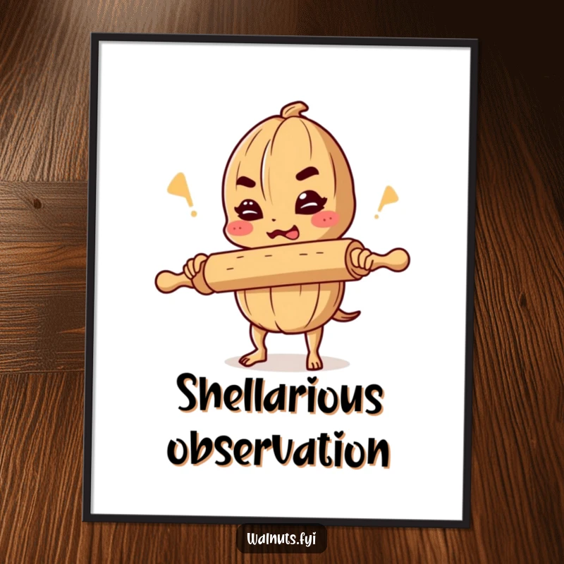 Funny poster art of a determined walnut comedian balancing a rolling pin and mid-joke, ideal for adding humor to wall decor.