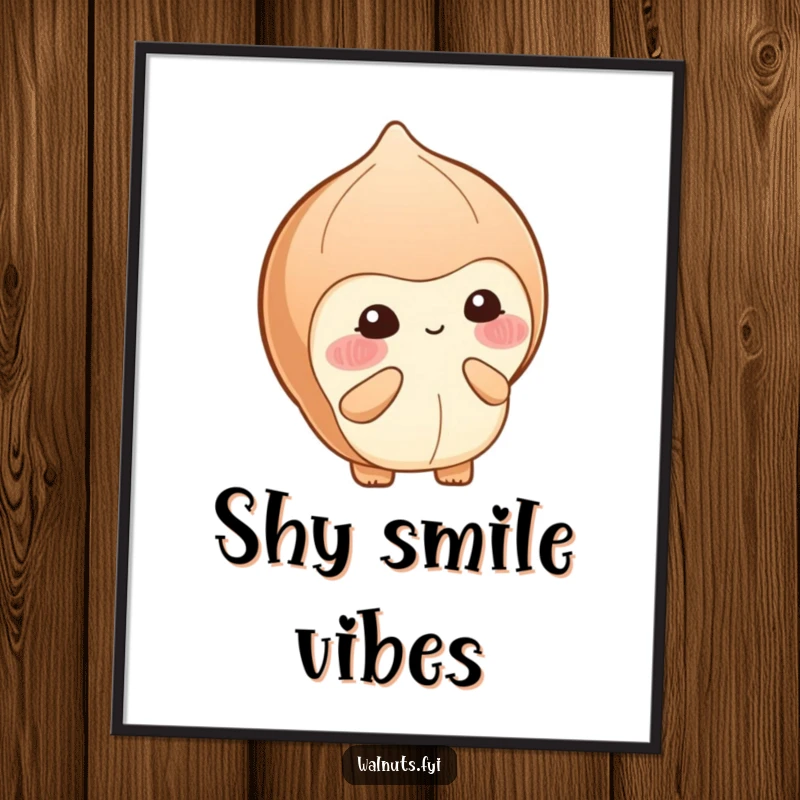 Funny poster showing a blushing hazelnut shyly presenting a small berry with a sweet, bashful smile.