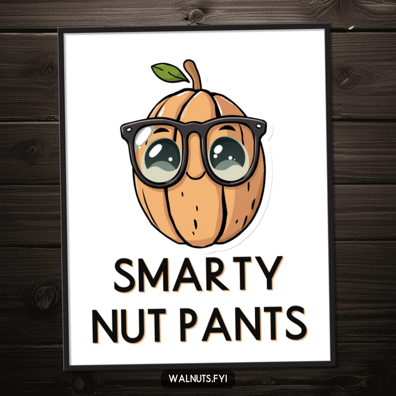 Funny poster of a walnut character wearing reading glasses, adding a touch of scholarly humor.