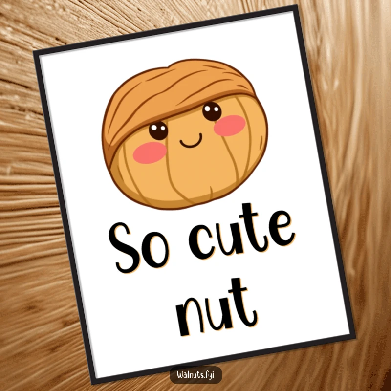 Funny Poster of a super cute kawaii walnut with prominent rosy cheeks and a tiny, contented smile, perfect for cute decor.