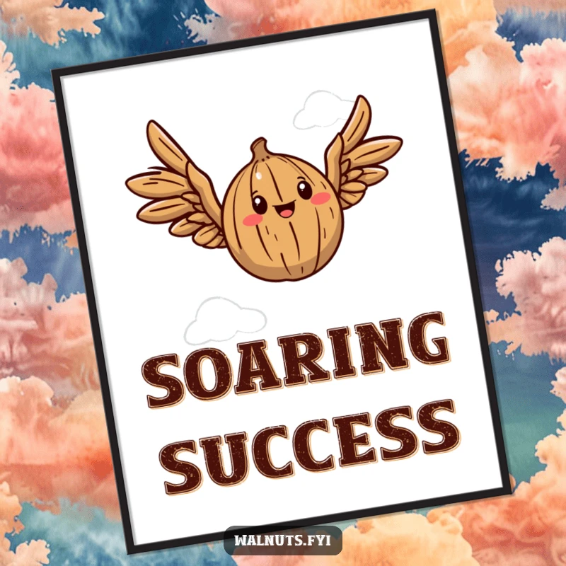 Funny poster depicting a walnut with wings joyfully flapping as it soars through the blue sky.
