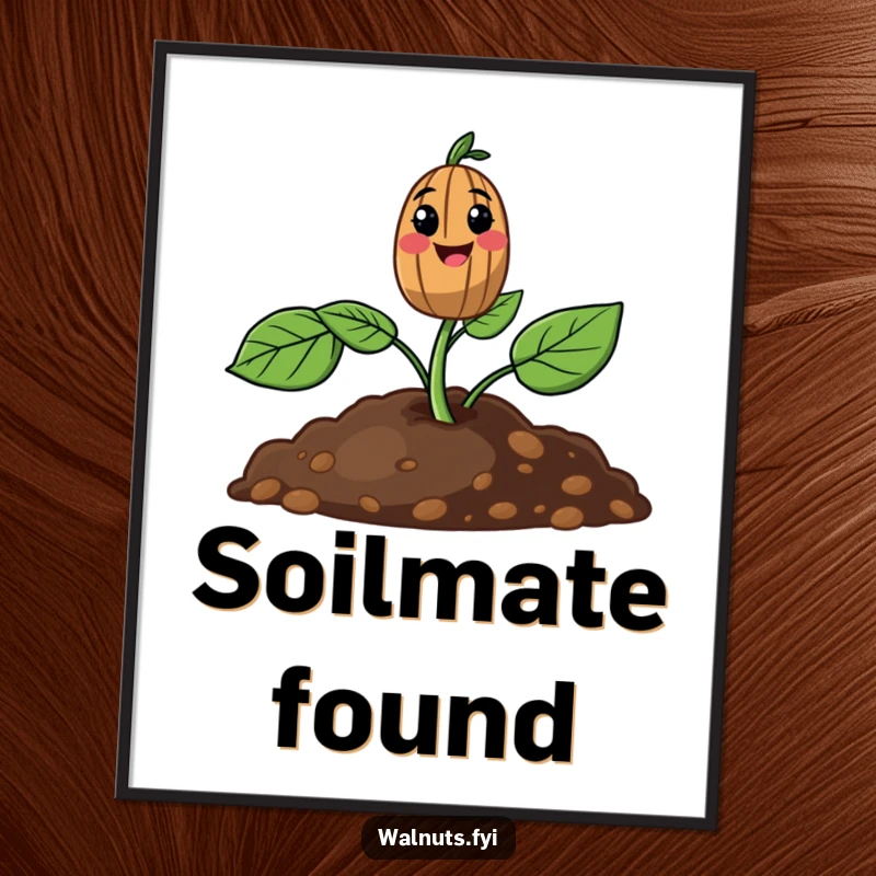 Funny poster featuring a delightful walnut sprout pushing through soil, radiating happiness and growth.