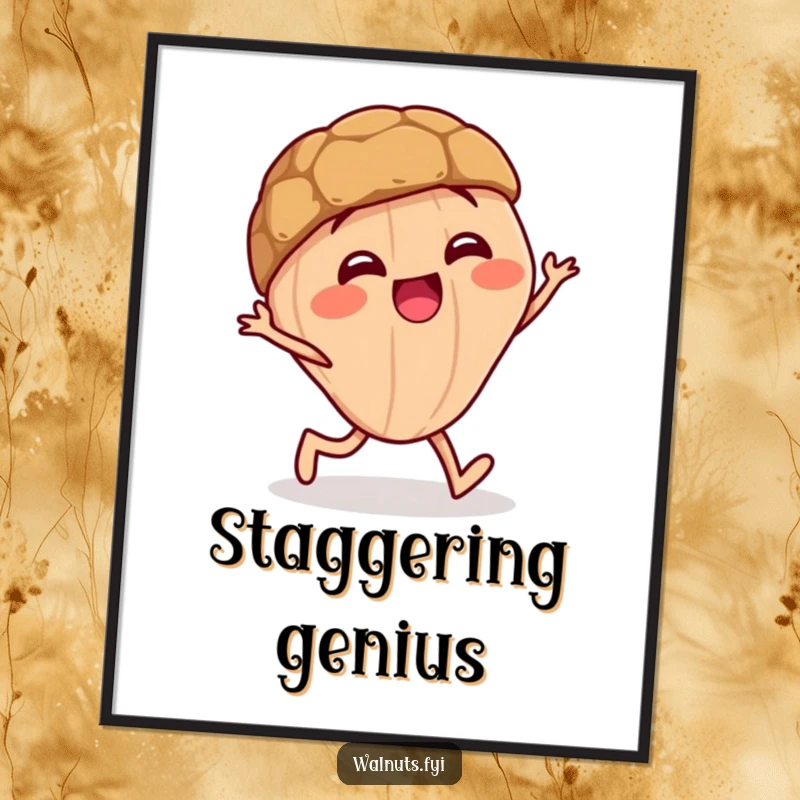 Funny poster depicting a giggling walnut character in the act of doing a funny little stagger.