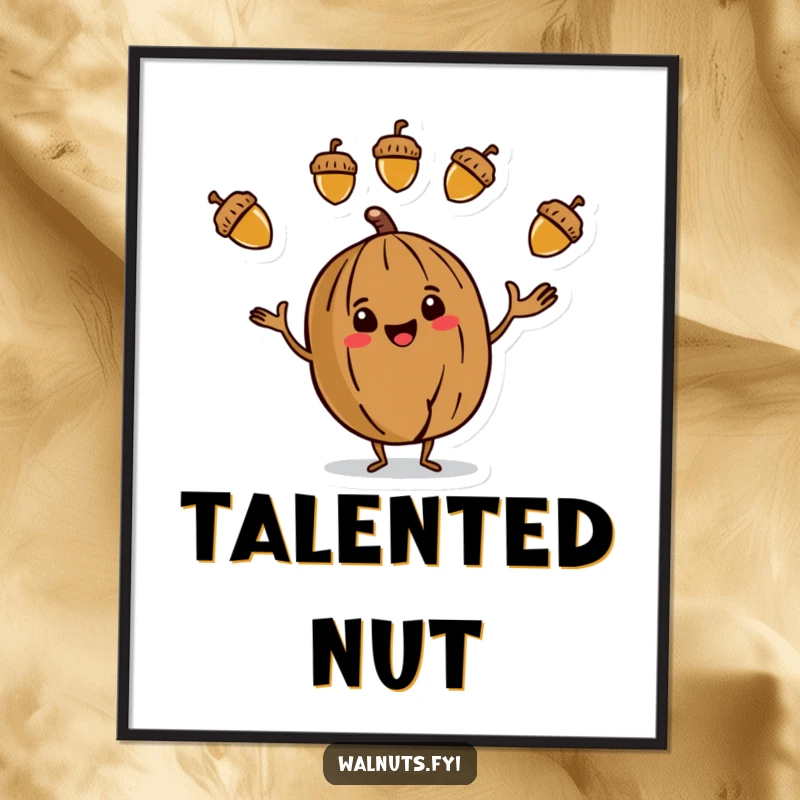 Funny Poster featuring a stylized walnut character juggling three colorful acorns, capturing a moment of lively, artistic performance.