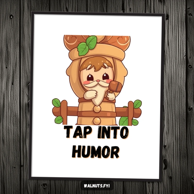 Funny poster art depicting a curious walnut character tapping a large, stylized nutcracker with a small mallet.