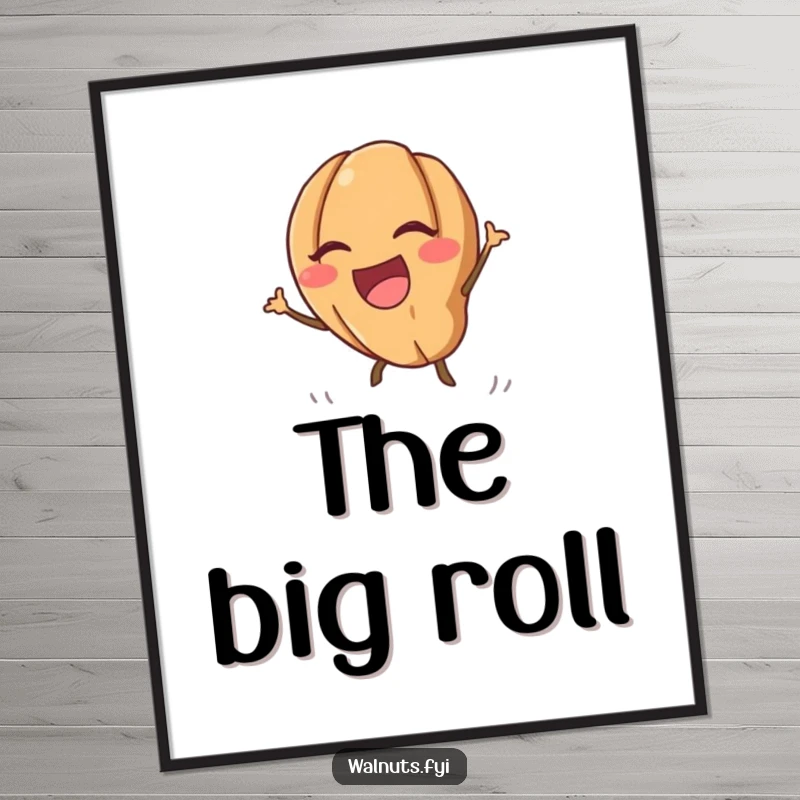 Funny, high-quality poster of a cute kawaii walnut laughing as it rolls downhill energetically, adding fun to decor.