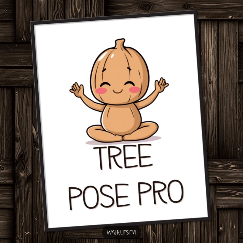 Funny poster featuring a walnut character holding a peaceful yoga pose, ideal for relaxation spaces.