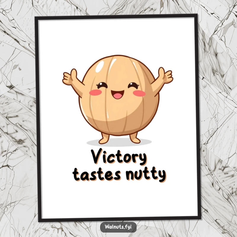 Funny Walnut Victory Poster featuring a round walnut character in a classic triumphant pose, arms raised in a gesture of ultimate success.