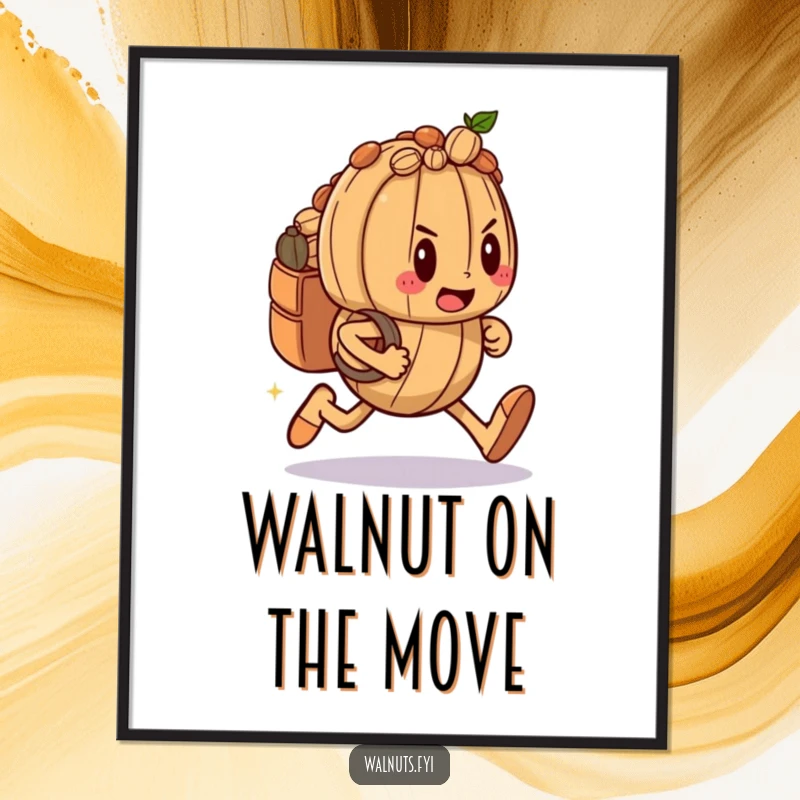 Funny poster showcasing a determined walnut character sprinting with a nut-packed backpack, symbolizing readiness and drive.