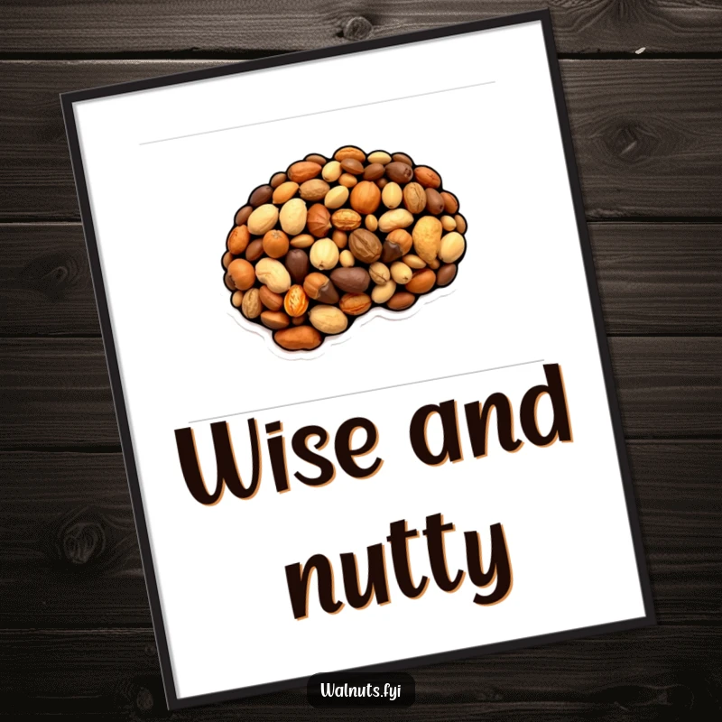 Funny poster illustrating a brain made of various nuts, representing intellect and quirky humor, a great funny gift.