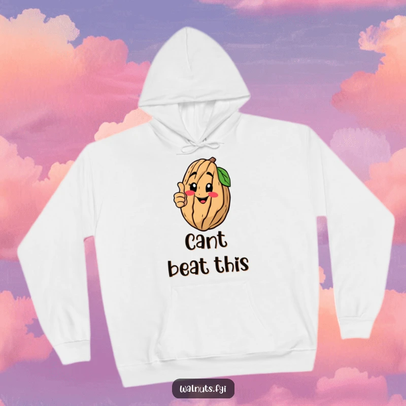 Funny hoodie featuring a happy walnut giving a thumbs up, offering cozy comfort and positive affirmation, an ideal funny gift.