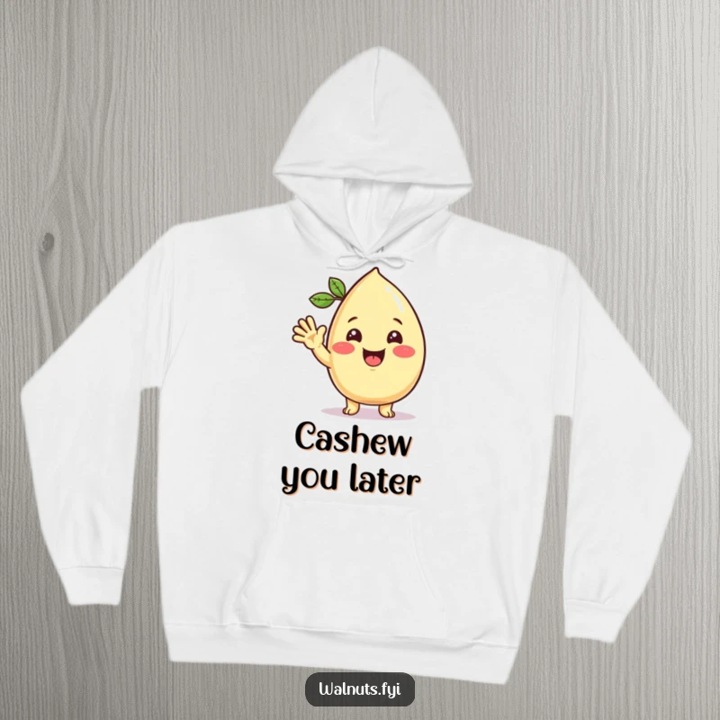 Funny Kawaii cashew hoodie showcasing a beaming character offering a warm, friendly wave, providing comfort and cheerful vibes.