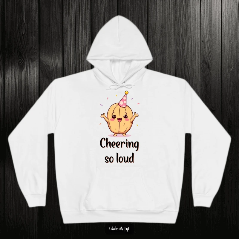 Funny Kawaii walnut hoodie, showing a delighted walnut cheering with a party streamer, ideal for cozy festive wear.