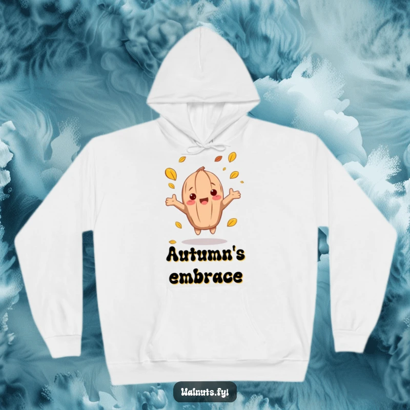 Comfortable funny autumn walnut hoodie depicting a character catching falling leaves, perfect for cozy fall days.