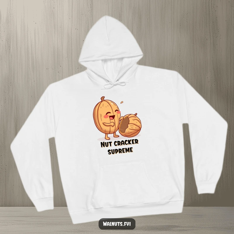 Funny hoodie featuring a giggling, anthropomorphic walnut character with tiny arms cracking open a walnut.