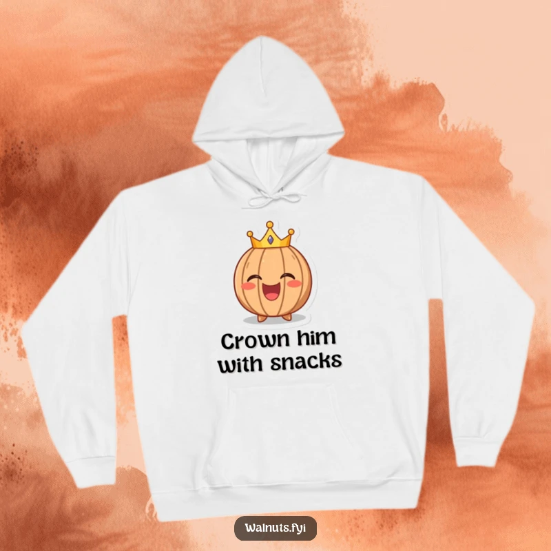 Funny hoodie showcasing a laughing walnut character wearing a tiny crown, offering warmth and a touch of playful royal charm.