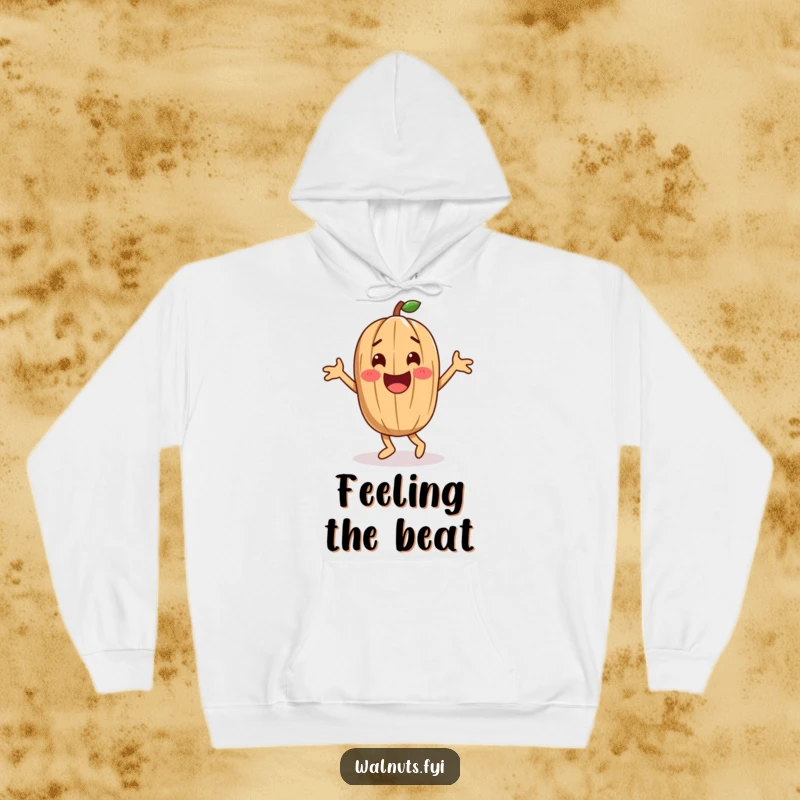 Funny playful walnut character doing a happy dance, offering cozy warmth and humorous dance vibes.