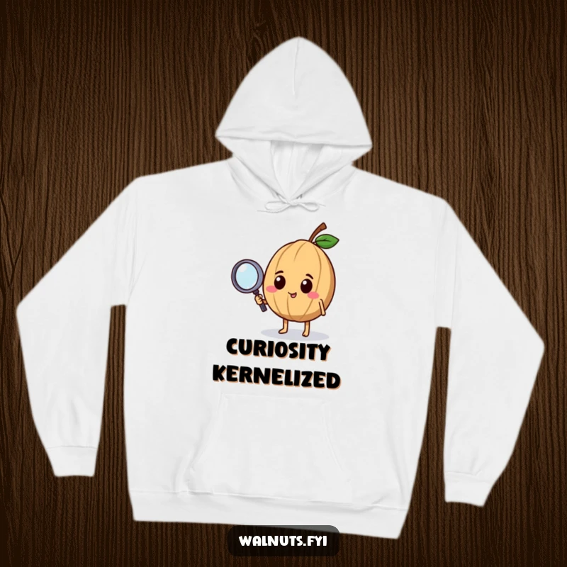 Funny hoodie featuring a happy walnut character intently looking through a tiny magnifying glass, embodying curiosity and fun.