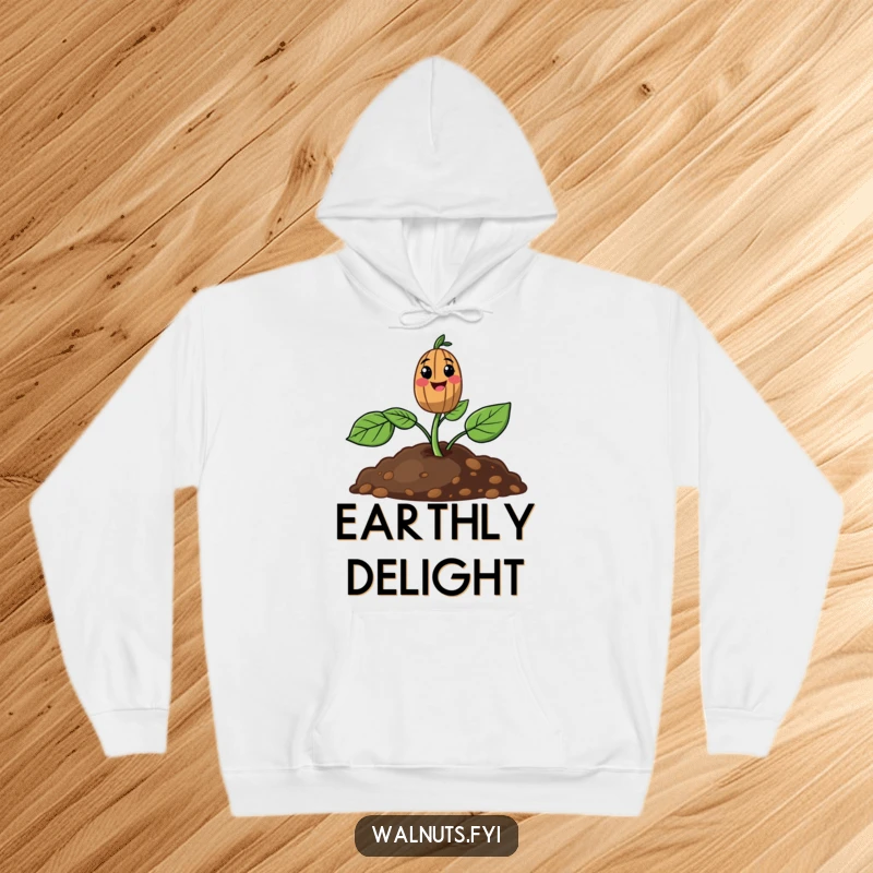 Funny hoodie depicting a small walnut sprout pushing up from the earth with a happy expression.