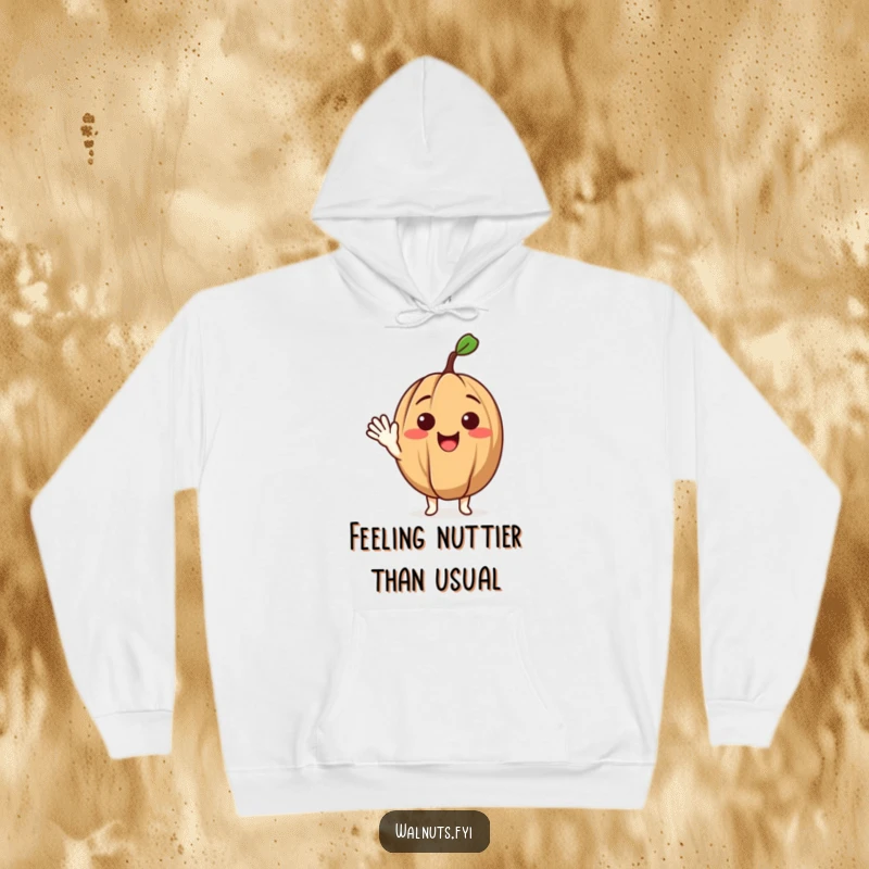 Funny hoodie featuring a delighted walnut character extending a friendly wave, perfect for cozy and humorous occasions.