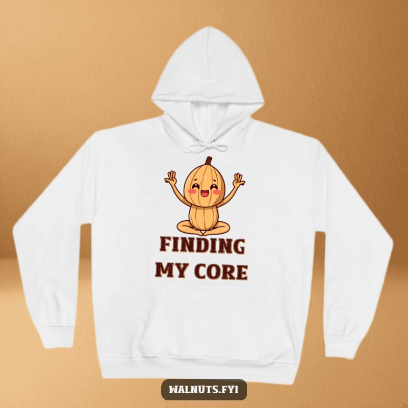Funny hoodie showcasing a walnut in a playful yoga pose, perfect for relaxed, mindful moments.