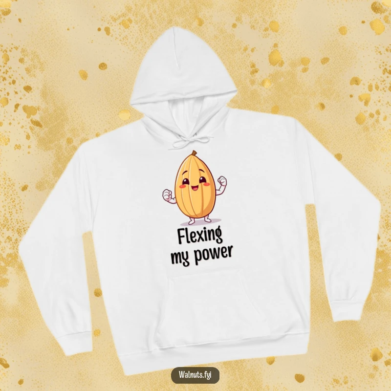 Funny Almond Flex Hoodie depicting a smiling almond flexing a small muscle, radiating triumphant energy.