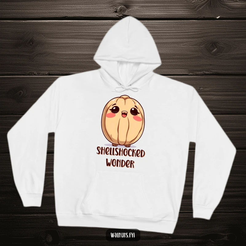 Funny hoodie featuring a curious walnut character looking up at the sky, symbolizing contemplation and a thirst for discovery.