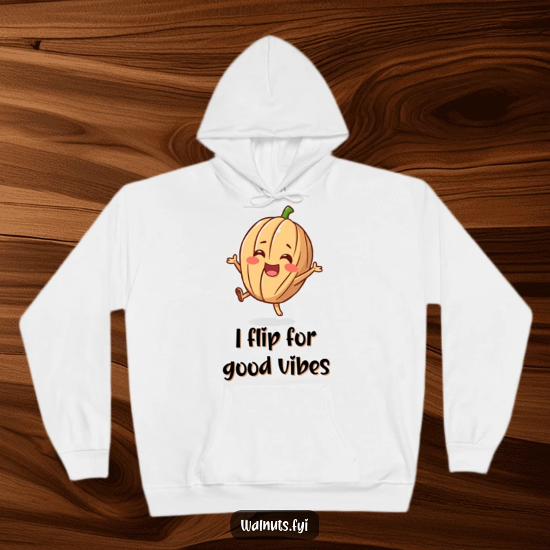 Funny hoodie with a cheerful walnut character doing a happy flip, soft and humorous apparel.