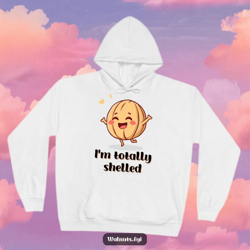 Funny hoodie displaying a giggling walnut character energetically bouncing, radiating pure joy and a big, infectious grin.