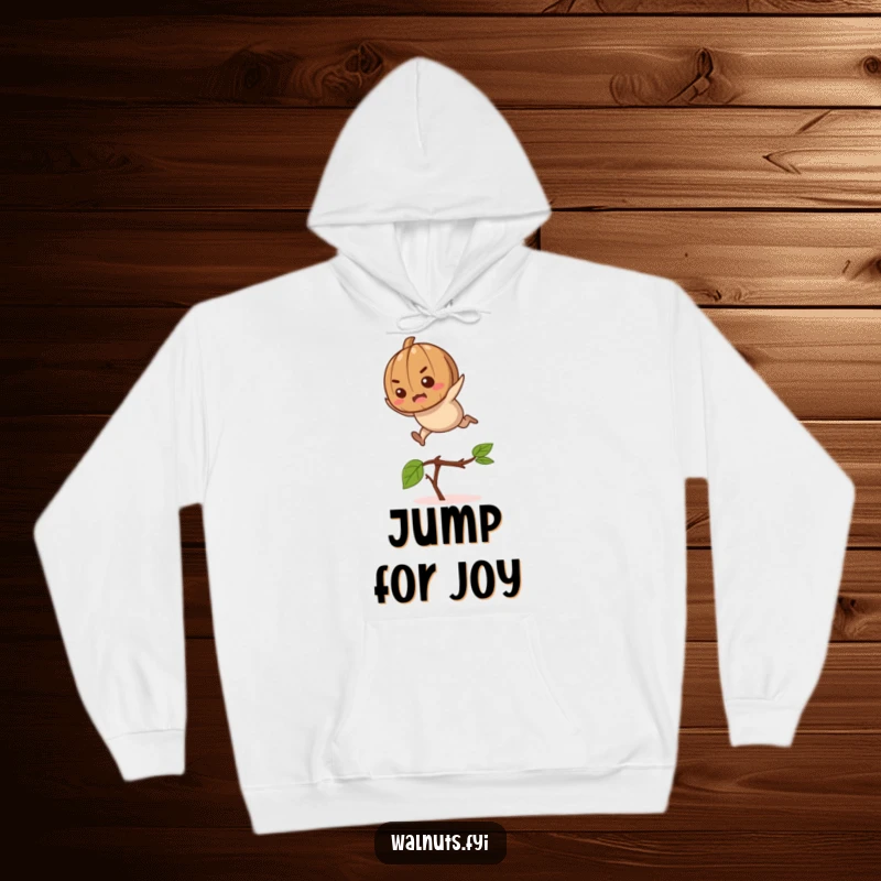 Funny determined walnut character leaping over a twig, perfect for a cozy and humorous hoodie.