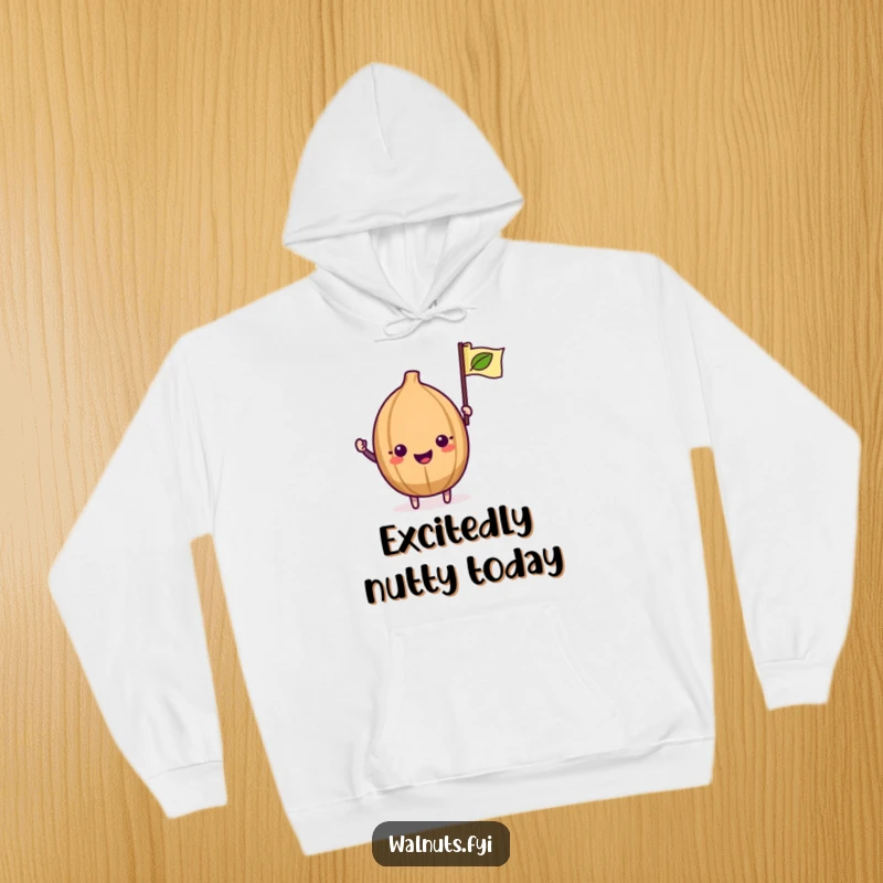 Funny Kawaii Walnut Hoodie: A cuddly hoodie featuring a kawaii walnut excitedly waving a tiny leaf flag.