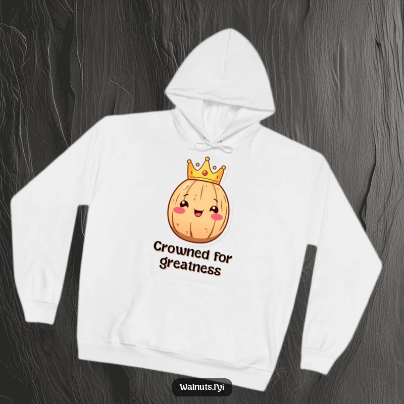Funny Kawaii walnut hoodie with a smiling walnut character wearing a tiny crown, cozy and regal.