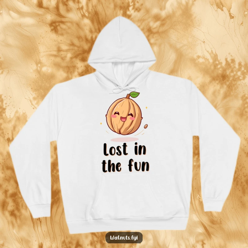 Funny hoodie adorned with a playful walnut character spinning enthusiastically, leaving a trail of pure mirth and delight.