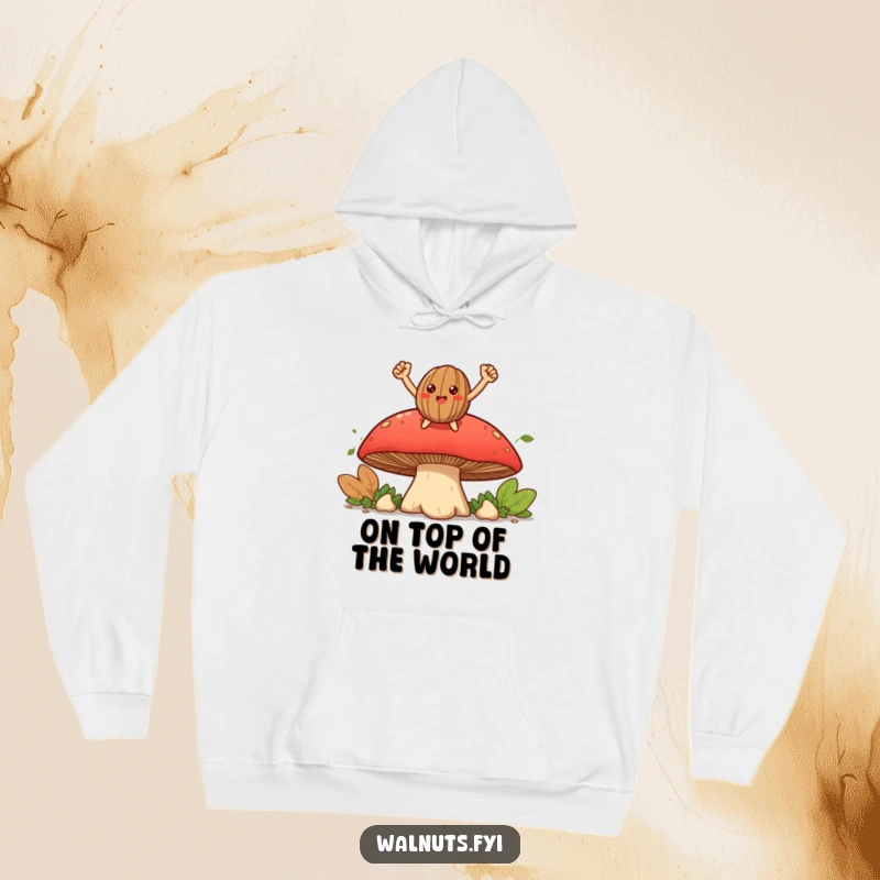 Funny smiling walnut character posing triumphantly on a large mushroom, perfect for a cozy, humorous hoodie.