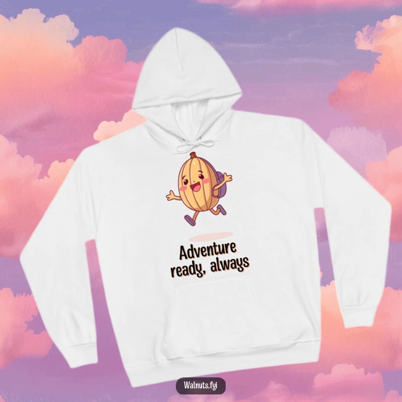 Funny Walnut Hoodie: Happy anthropomorphic walnut wearing a backpack jumps energetically, soft and humorous.