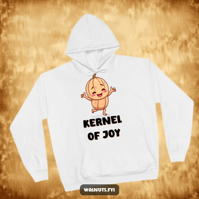 Funny hoodie with a cheerful, gnarled walnut character performing a happy jig, perfect for staying warm and amused.