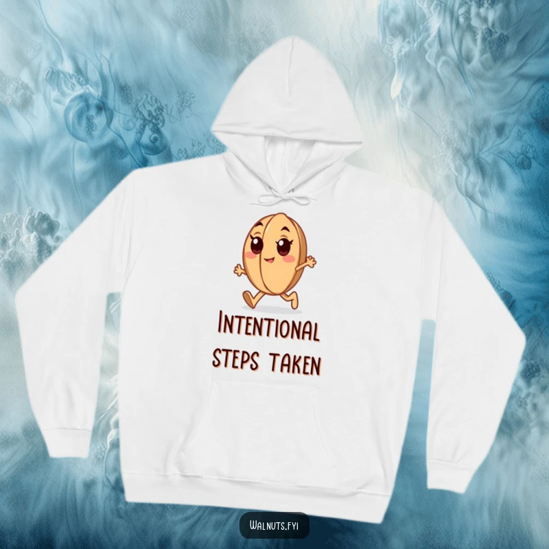 Funny determined walnut hoodie featuring a marching walnut with enthusiastic eyes, warm and humorous.