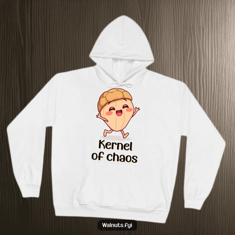 Funny hoodie with a giggling walnut character doing a funny little stagger, perfect for cozy amusement.