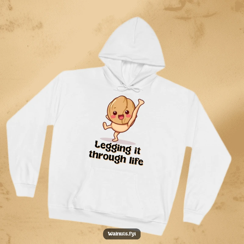 Funny hoodie showing a happy walnut character performing a cartwheel, highlighting its legs.