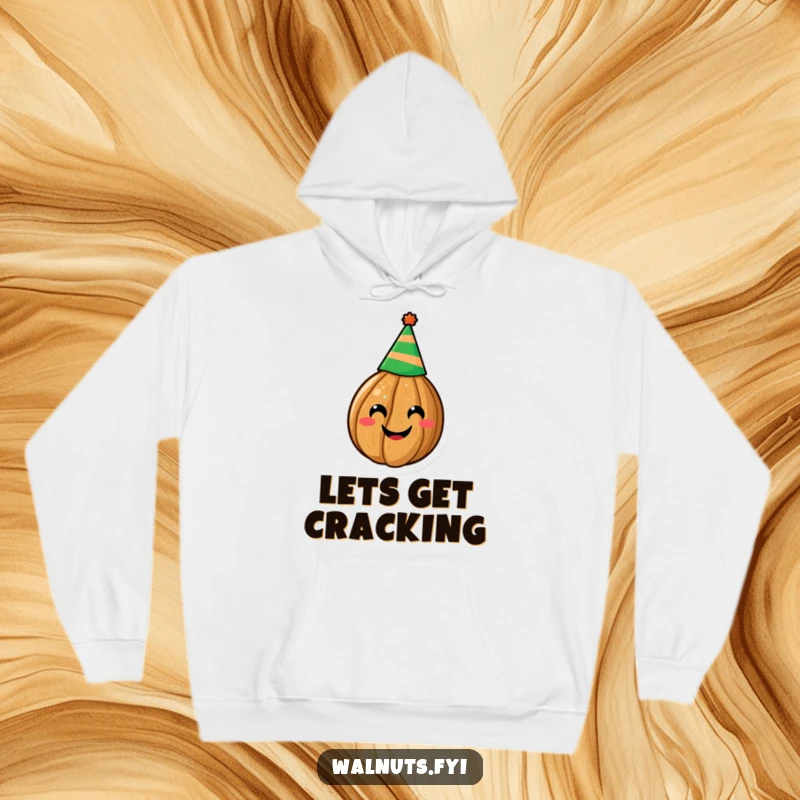 Funny hoodie with a jubilant walnut wearing a party hat, exuding festive cheer and warmth, perfect funny gift.