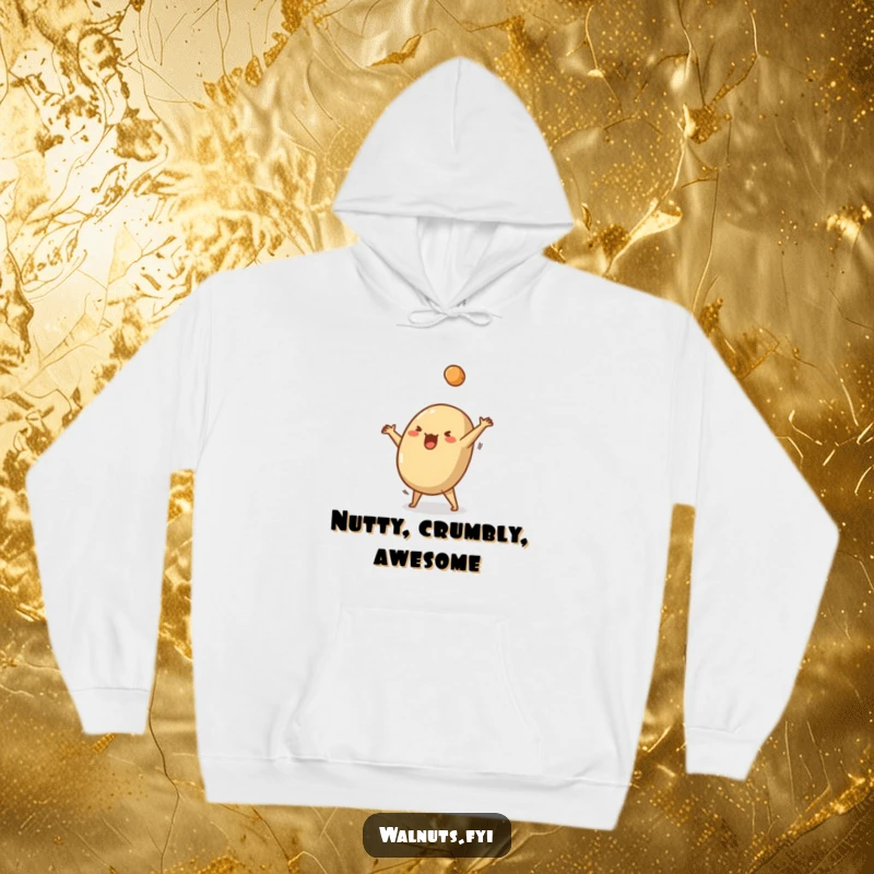 Funny hoodie depicting a silly Brazil nut performing a cartwheel, with a crumb escaping, radiating playful energy.