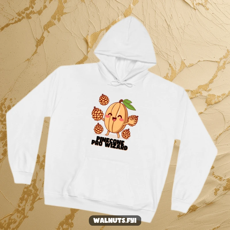 Funny Juggling Walnut Hoodie, a smiling character juggling pinecones, perfect for cozy and humorous everyday wear.