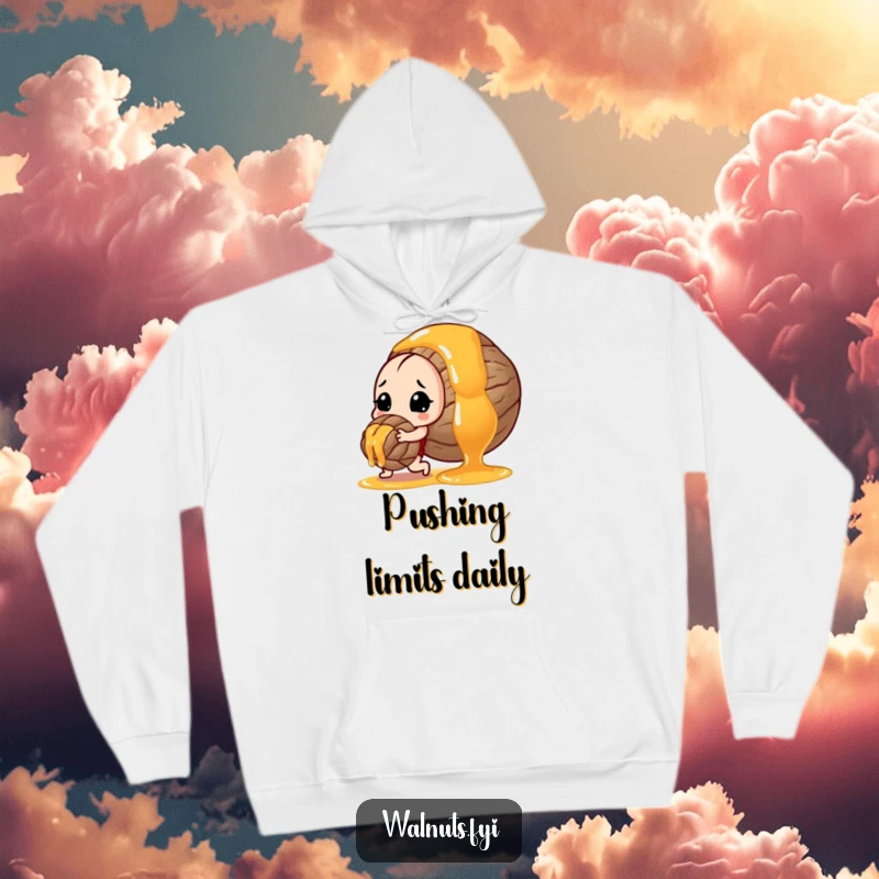 Funny hoodie graphic of a determined walnut pushing a giant, sweet drop of honey, symbolizing effort and reward.