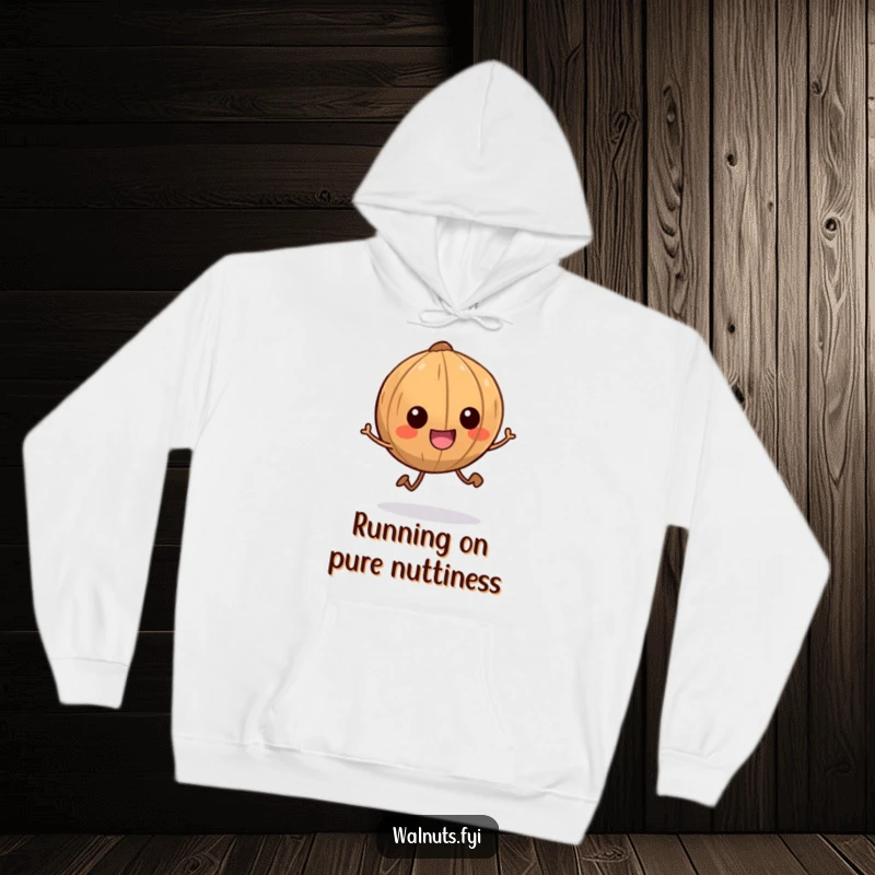 Funny hoodie featuring a smiling walnut character with tiny legs scampering energetically, warm and humorous apparel.